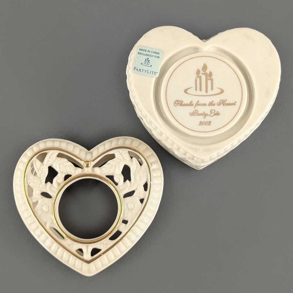 PartyLite Thanks from the Heart 2002 Ceramic Heart Candle Holder Gold Trim